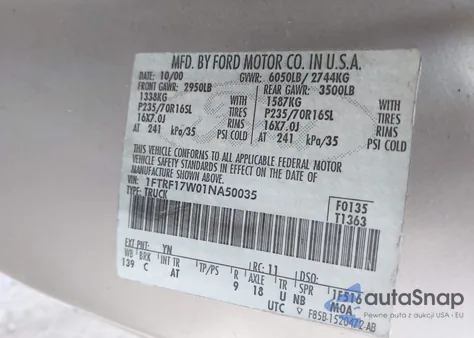 2001 Ford F150 Xl/Xlt из США, поврежденный, VIN 1FTRF17W01NA50035